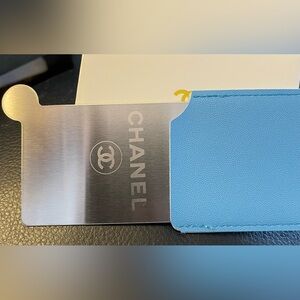 CHANEL Blue Leather Card Holder with Silver Metal Mirror Card